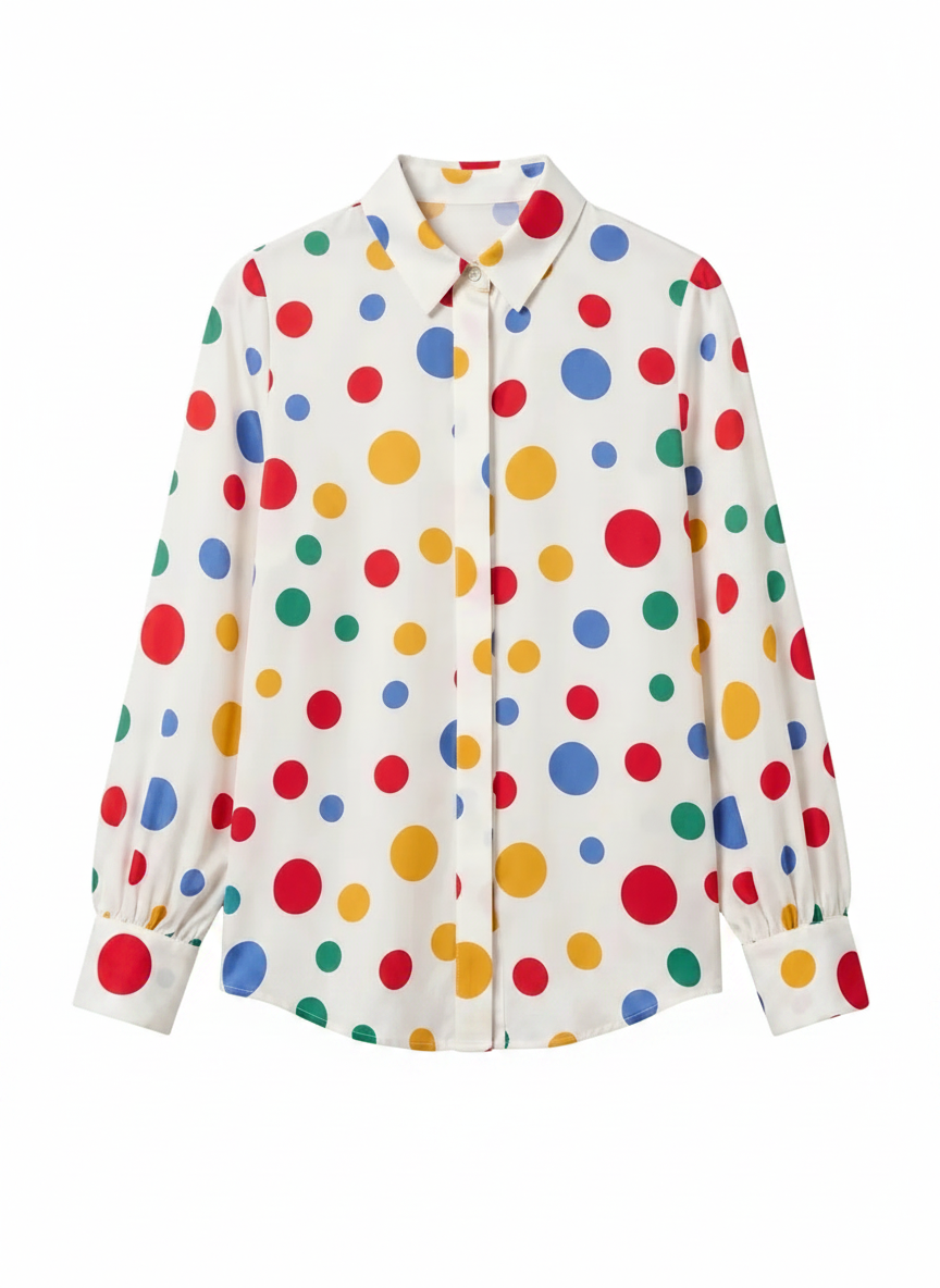 White long-sleeved shirt with a colorful polka dot pattern.