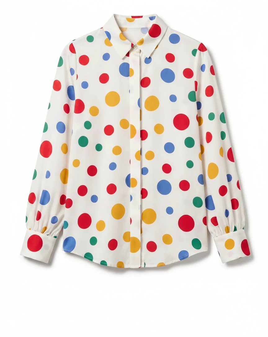 A white long-sleeved shirt with a colorful polka dot pattern.
