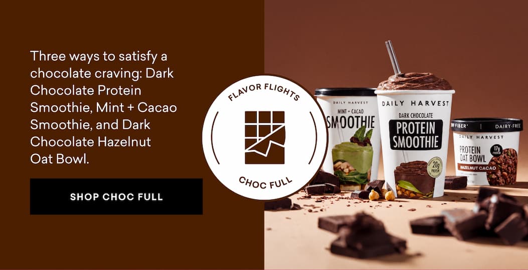 Three ways to satisfy a chocolate craving: Dark Chocolate Protein Smoothie, Mint + Cacao Smoothie, and Dark Chocolate Hazelnut Oat Bowl.