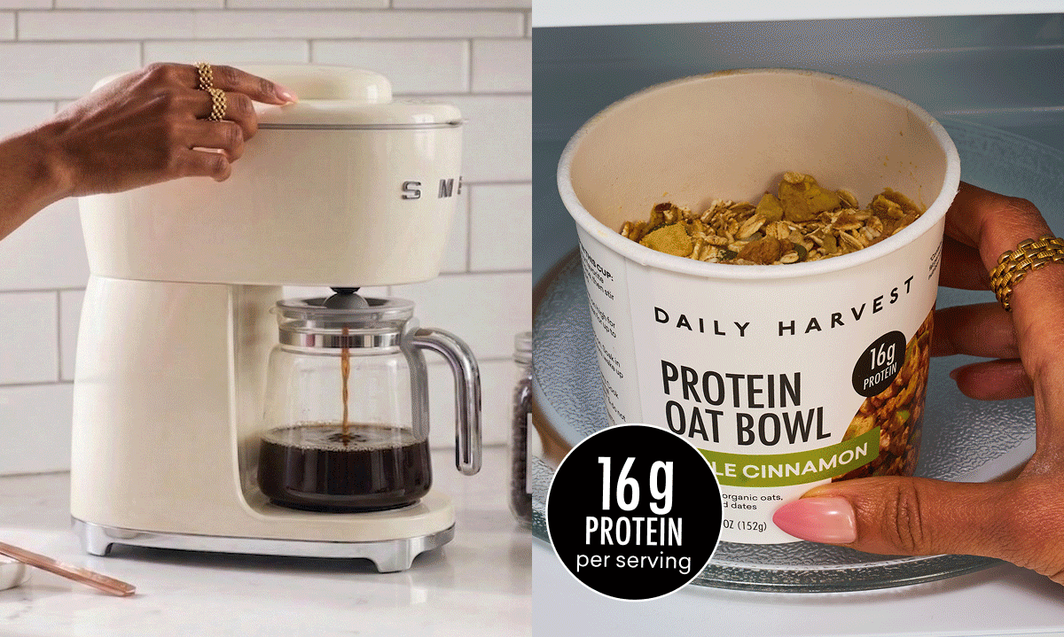 Animated scenes of a morning routine featuring coffee and Daily Harvest High Protein Oat Bowl and Smoothies with 16–20 grams of protein.