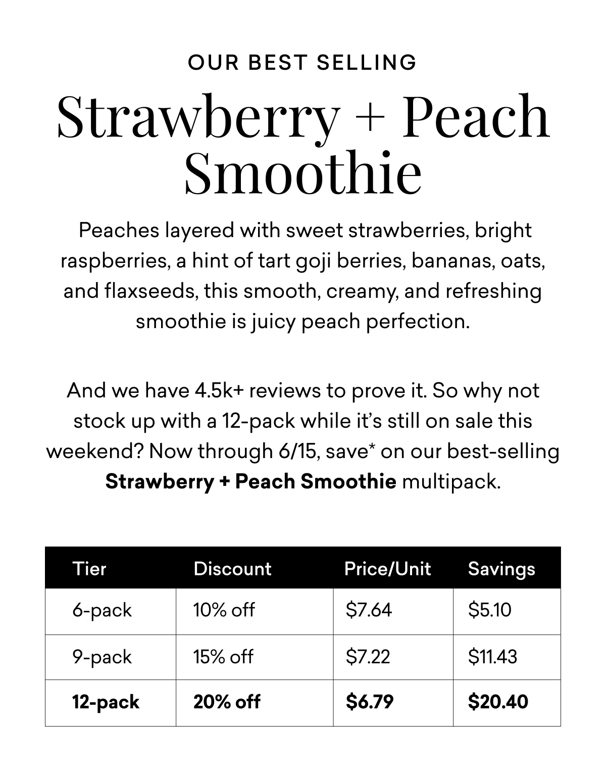 Our Best Selling Strawberry + Peach Smoothie | &nbsp;Peaches layered with sweet strawberries, bright raspberries, a hint of tart goji berries, bananas, oats, and flaxseeds, this smooth, creamy, and refreshing smoothie is juicy peach perfection. And we have 4.5k+ reviews to prove it. So why not stock up with a 12-pack while it’s still on sale this weekend? Now through 6/15, save* on our best-selling Strawberry + Peach Smoothie multipack.