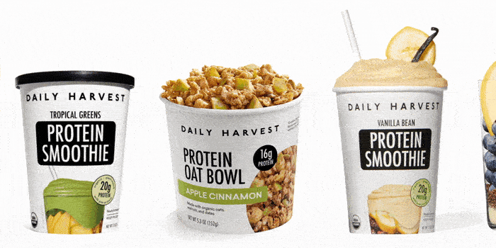 Daily Harvest product collection: Classic Smoothies, High Protein Smoothies, and High Protein Oat Bowls