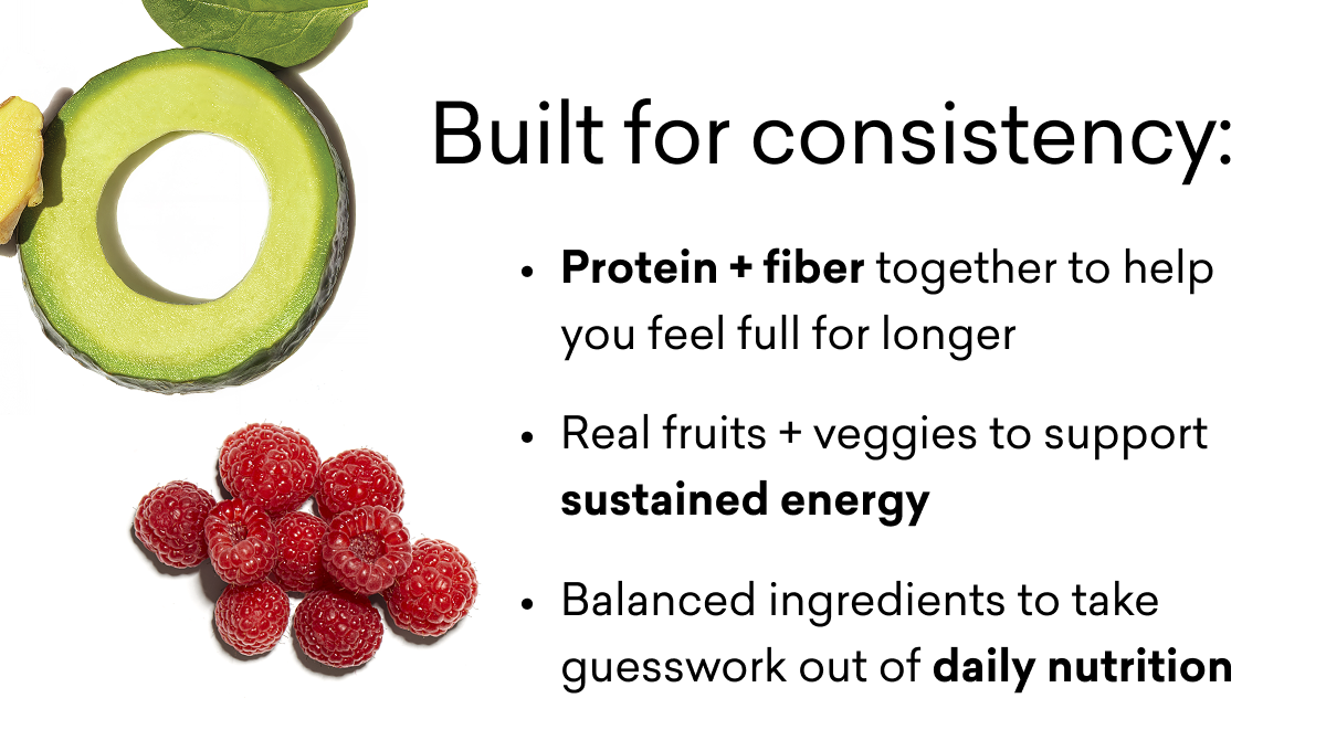 Built for consistency: Protein + fiber together to help you feel full for longer Real fruits + veggies to support sustained energy Balanced ingredients to take guesswork out of daily nutrition