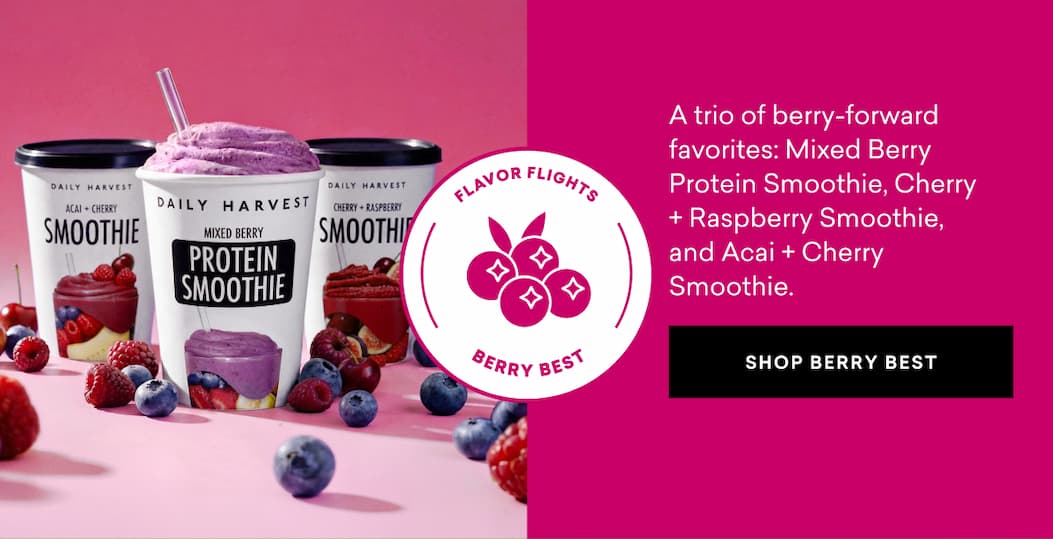 A trio of berry-forward favorites: Mixed Berry Protein Smoothie, Cherry + Raspberry Smoothie, and Acai + Cherry Smoothie.