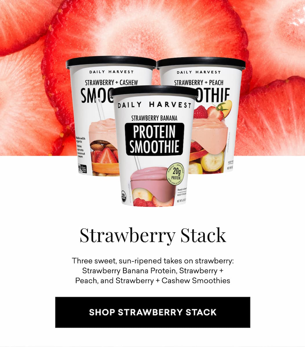 Strawberry Stack: Three sweet, sun-ripened takes on strawberry: Strawberry Banana Protein, Strawberry + Peach, and Strawberry + Cashew Smoothies