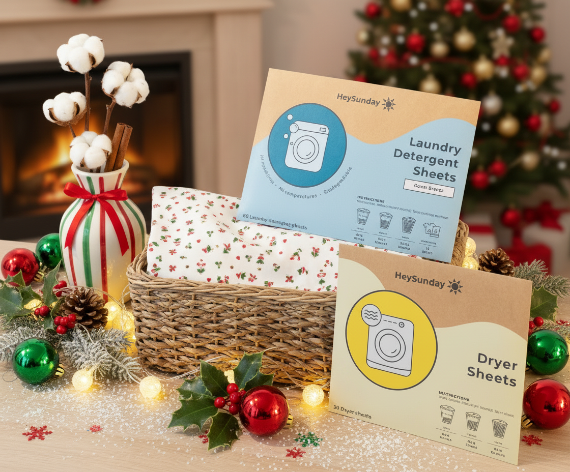 an image of a basket of laundry sheets and a christmas tree