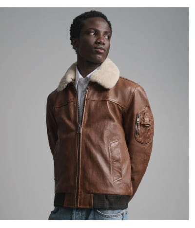 Ace Leather Bomber Jacket with Shearling Collar