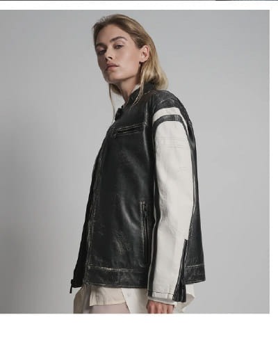 Jade Color Block Leather Racer Jacket