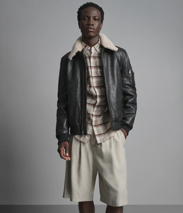 Jimmy Leather Aviator Bomber Jacket With Shearling Collar