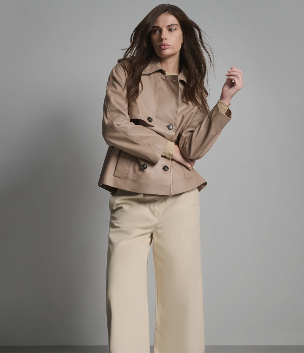 Teagan Leather Double-Breasted Short Trench Jacket