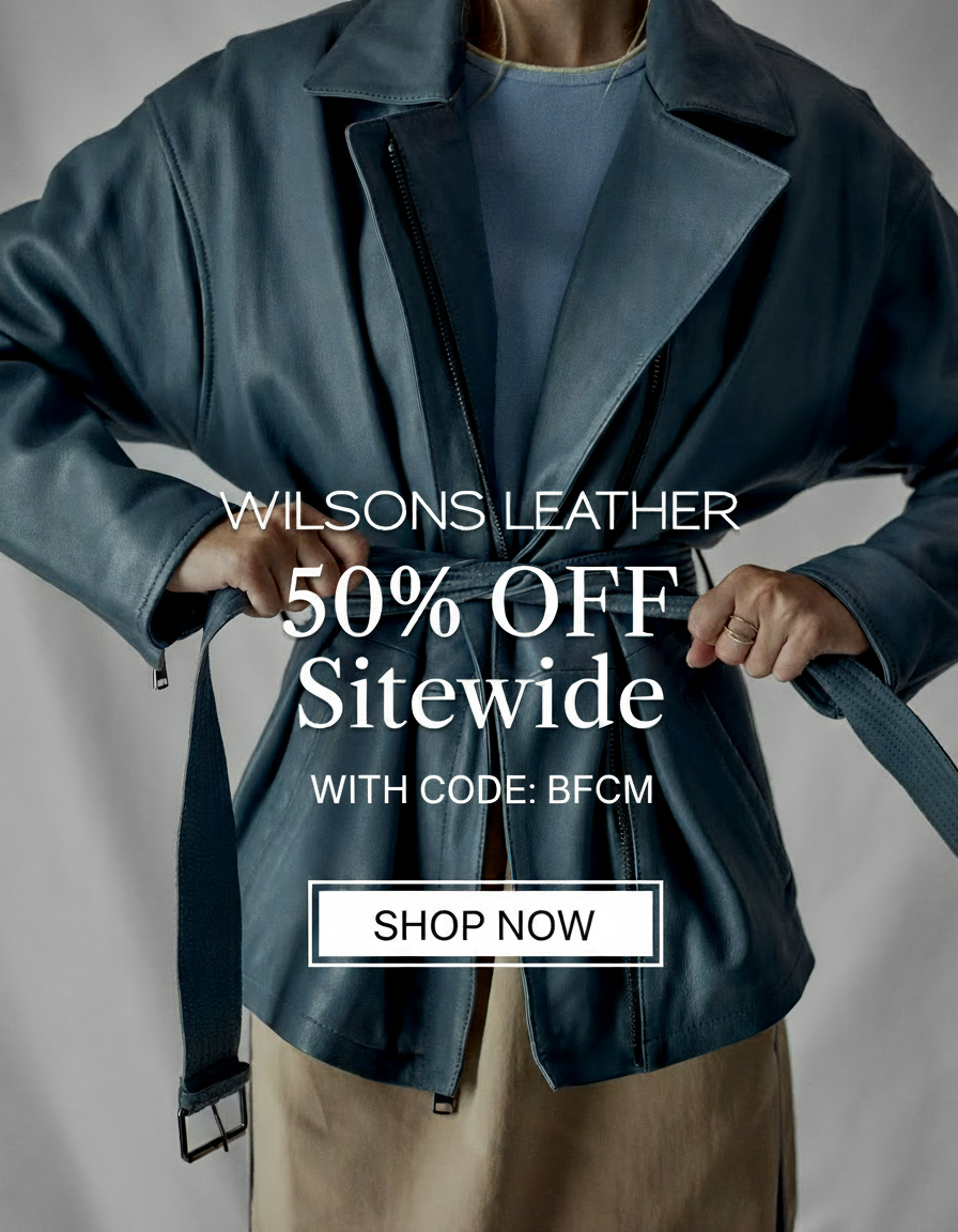 an image of a woman wearing a blue leather jacket and tan skirt