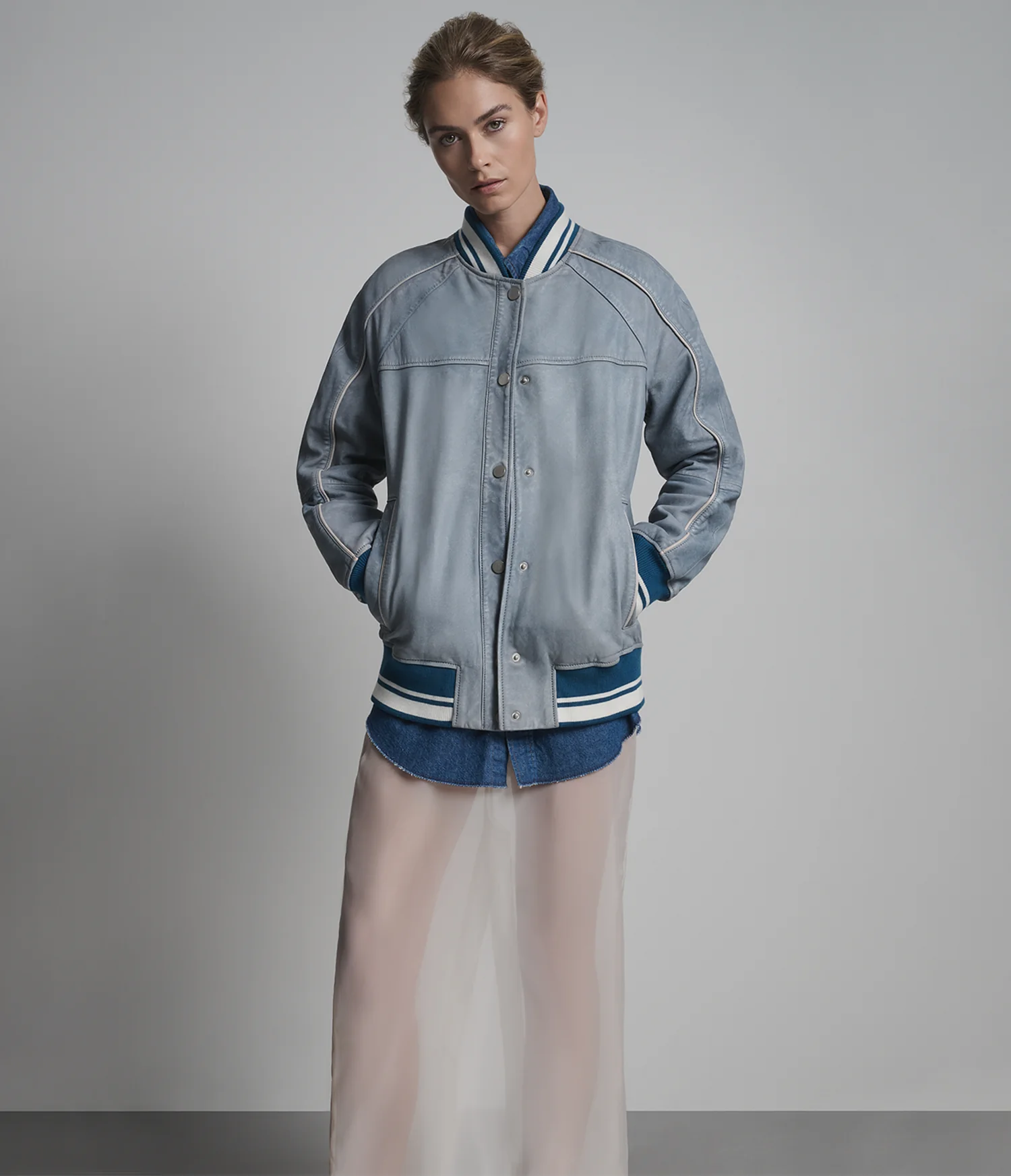 Lena Leather Denim Varsity Jacket