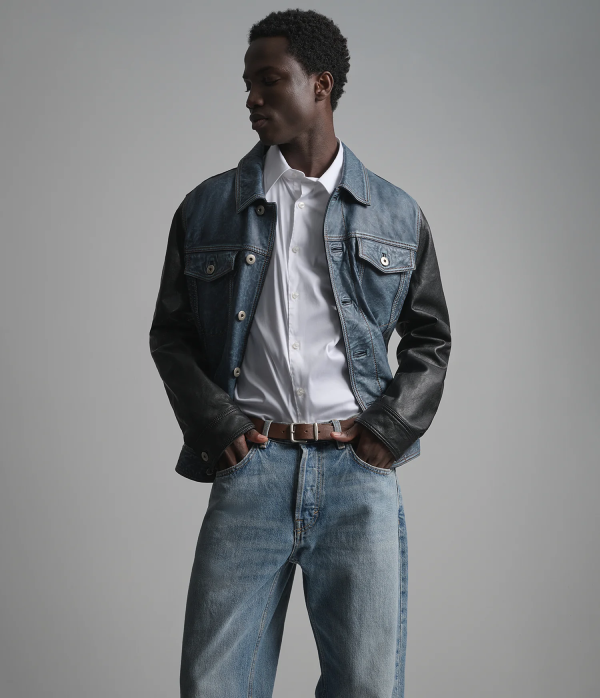 Beckham Color-Block Leather Denim Jacket