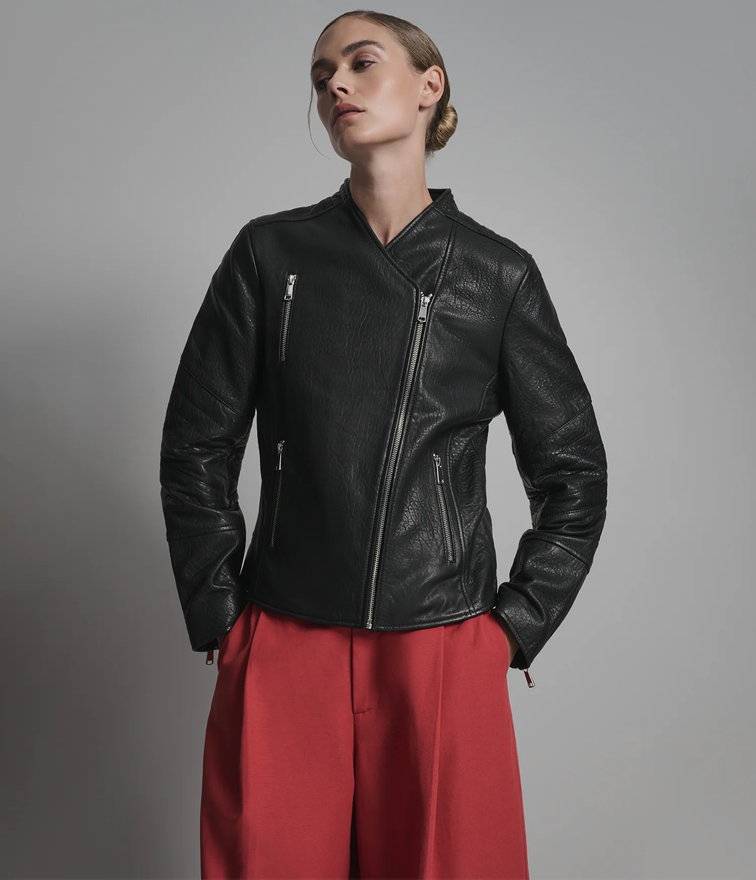 Alessandra Collarless Textured Leather Moto Jacket