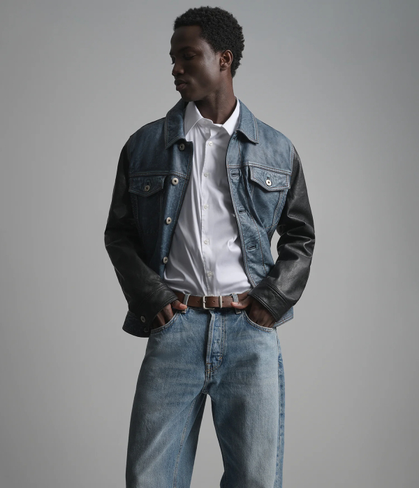 Beckham Color-Block Leather Denim Jacket