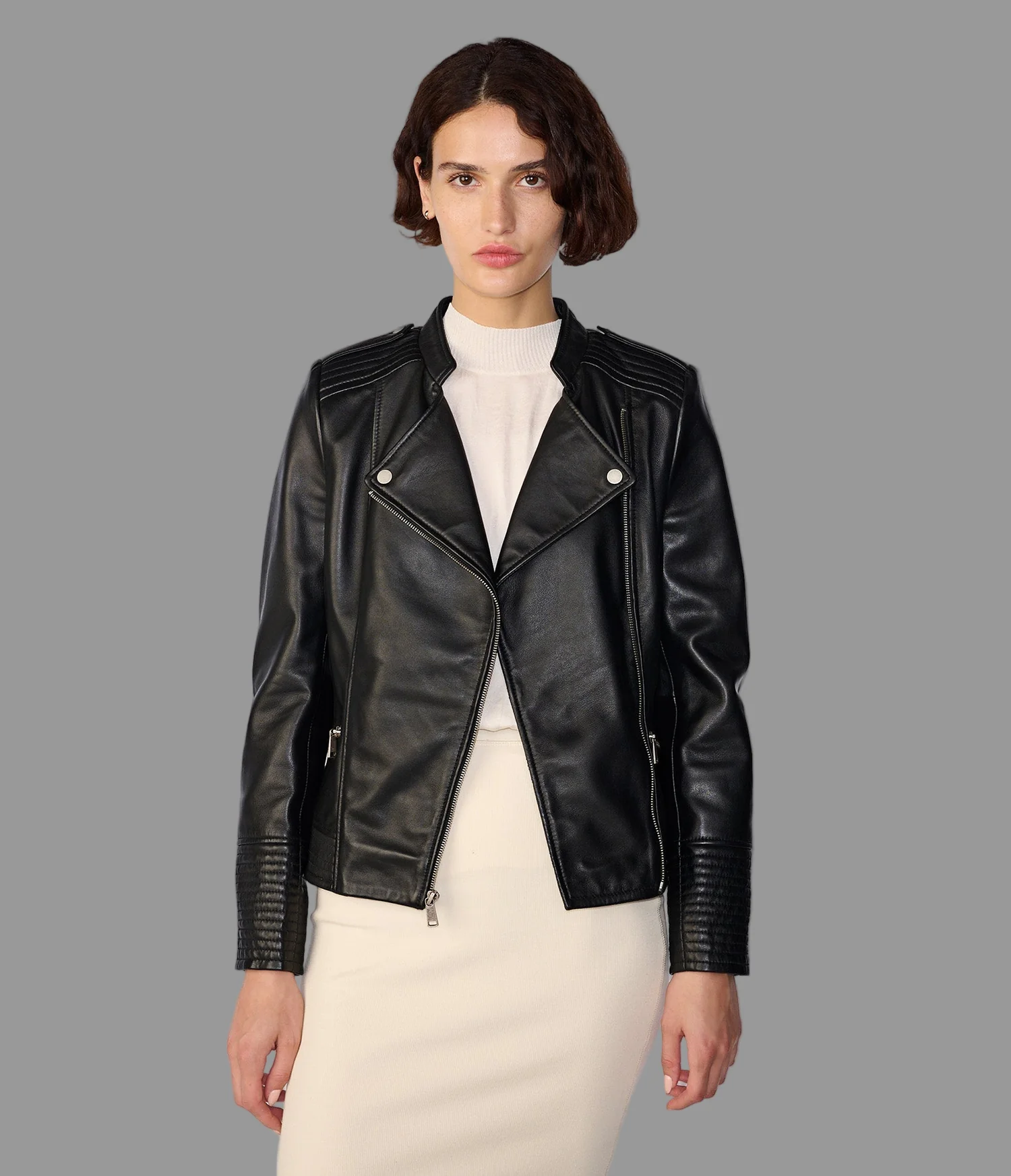 Monica Asymmetrical Leather Moto Jacket