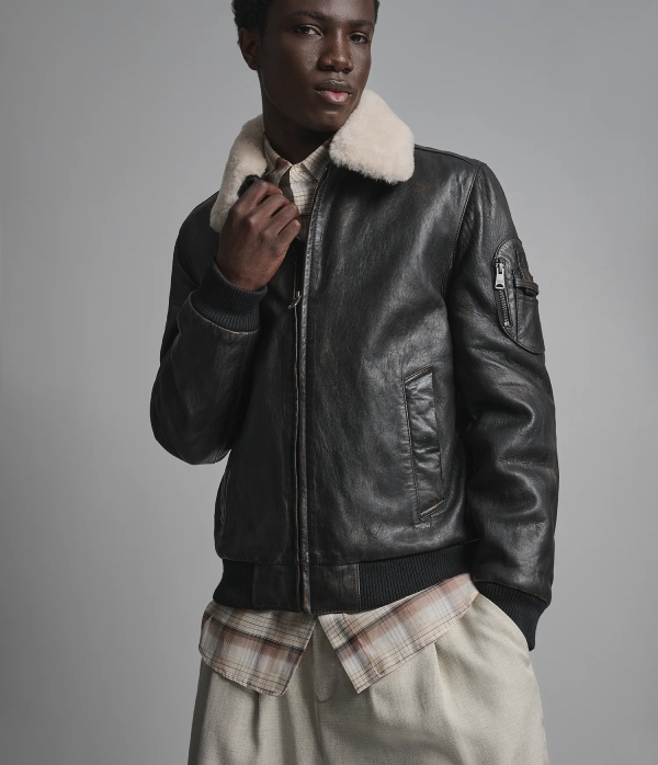 Jimmy Leather Aviator Bomber Jacket With Shearling Collar