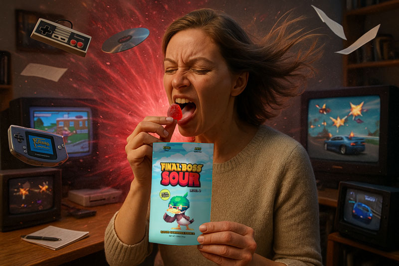Woman eats Final Boss Sour Strawberries while playing vintage video games