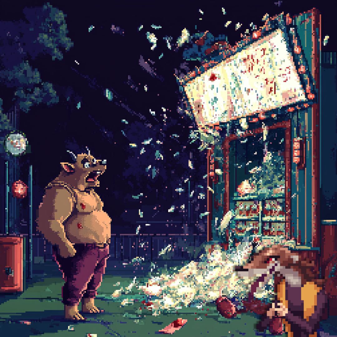 Buffalo stares in horror at shattered glass carnival game
