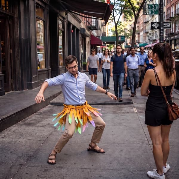 Young man in business casual on a city sidewalk with a full fanned semicircle of colorful Mango Dipper strips arrayed behind him like peacock plumage