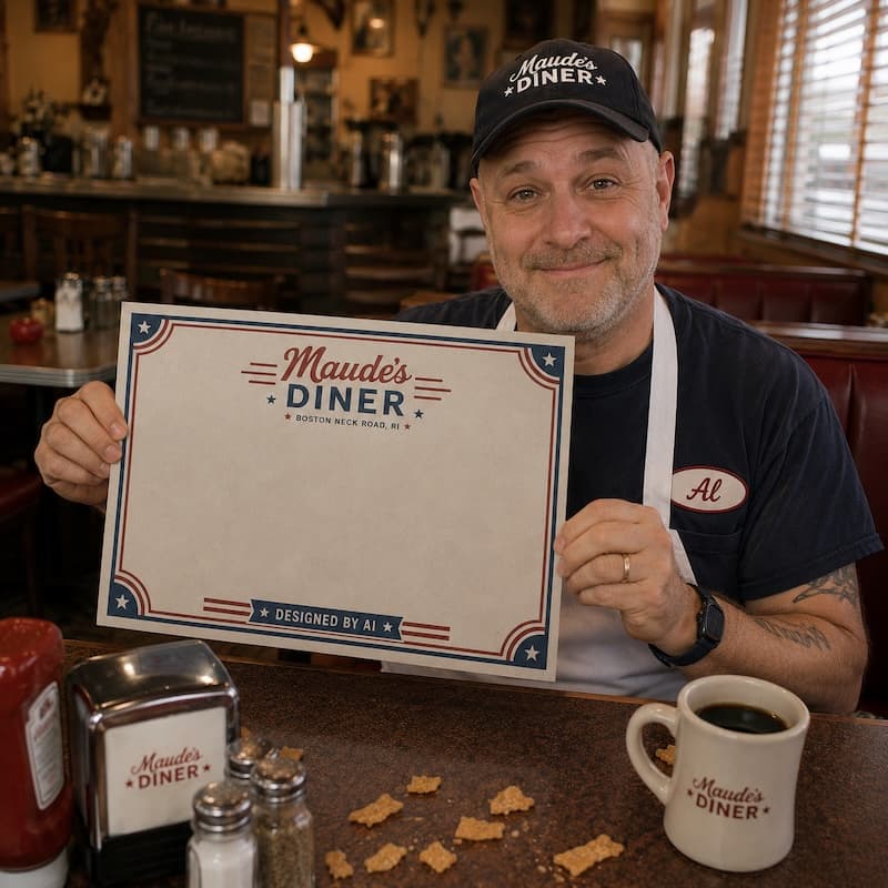 Al Lelande standing in Maude's Diner kitchen holding a placemat that reads Designed by Al next to a stack of Ultimate Tropical Sampler boxes