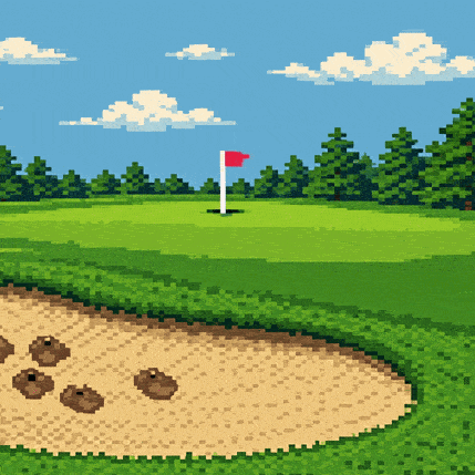 Live cam view overlooking the Frumpkin Hills golf course in Gooberland, hoofprints leading out of the bunkers