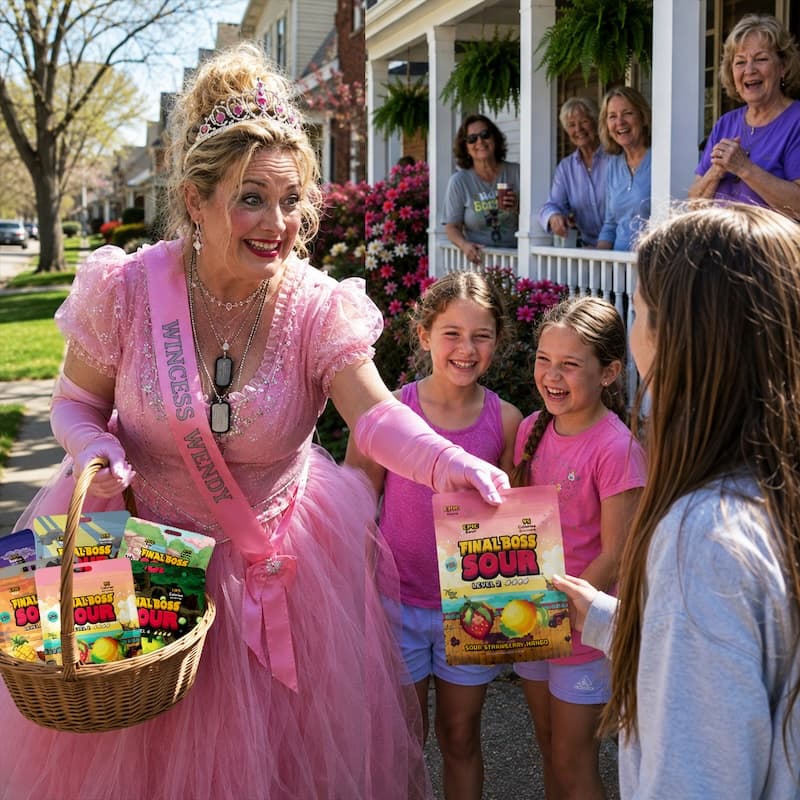 Wincess Wendy in pink princess costume delivering Final Boss Sour candy in Georgetown Kentucky