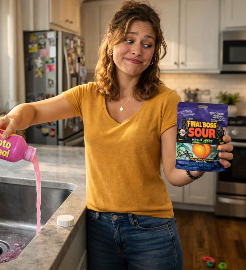Woman pours out antacid in sink while looking happily at her Final Boss Sour