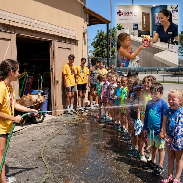 A line of disappointed kids in swimsuits being sprayed with a garden hose by a camp counselor in front of a storage shed on a hot day