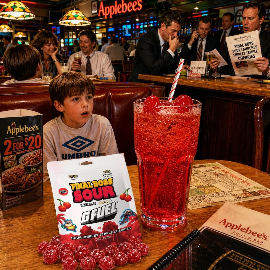 1990s Applebee's interior with a glass of Shirley Temple on a checkered tablecloth
