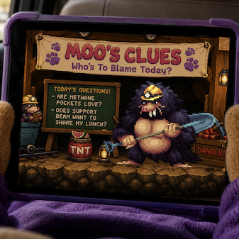 16-bit pixel art scene of Moo the mole hosting a children's TV show in the Shardshaft Mines, hugging a pickaxe