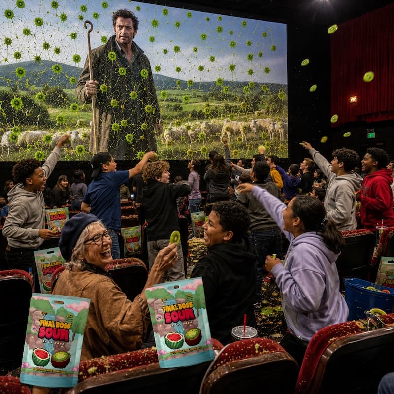 A movie theater screen splattered with sour kiwis stuck to the surface