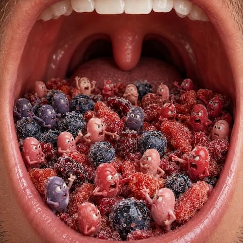 Photorealistic editorial illustration: a cross-section of a human tongue depicted as a rowdy house party of anthropomorphic taste buds brawling over berries, with a robed Judge Uvula presiding
