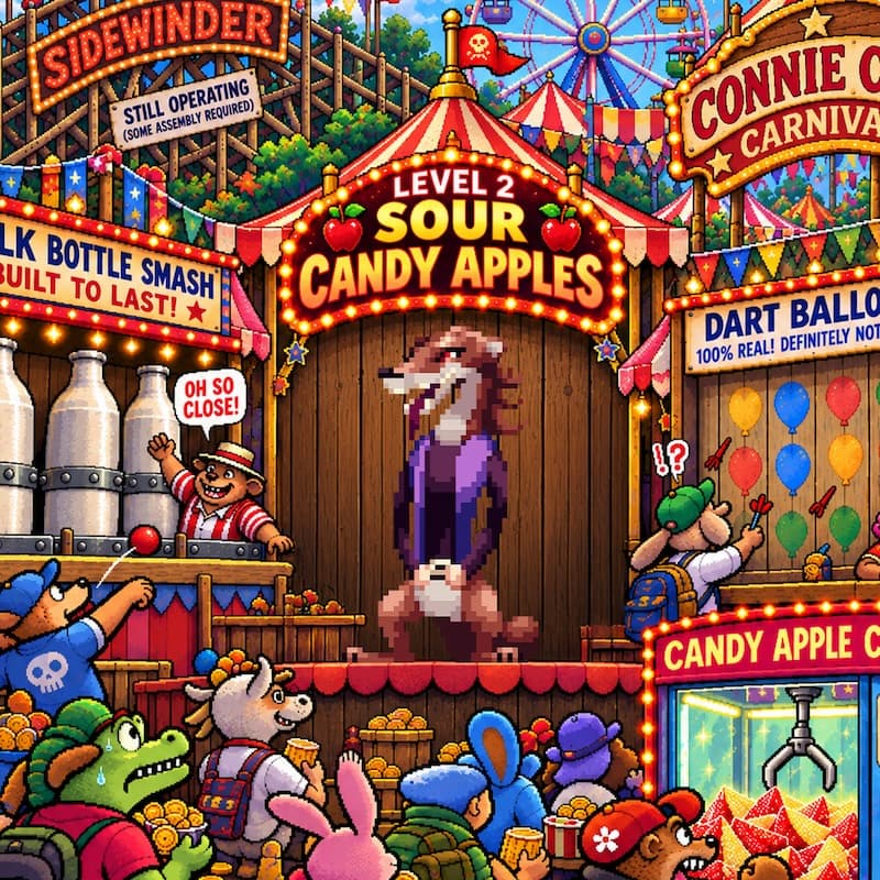 Connie the weasel working the rigged midway at Connie Con Carnival