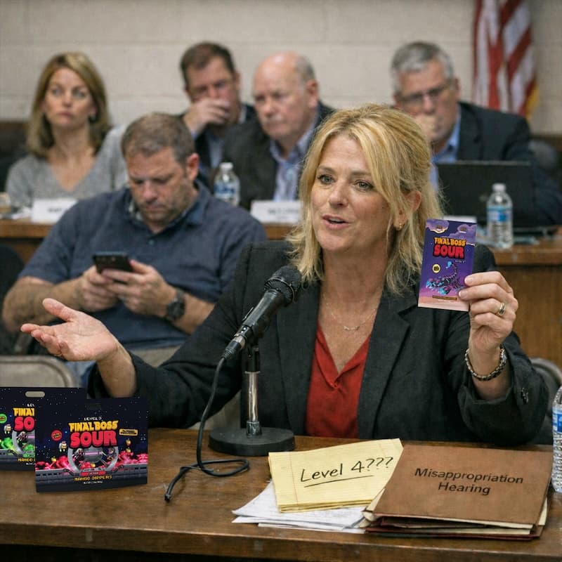 Blonde woman holds Final Boss Sour at Board of Education hearing