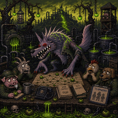 Bigwell the bad wolf mauling fellow minibosses at a cabinet meeting in the Torture Orchard