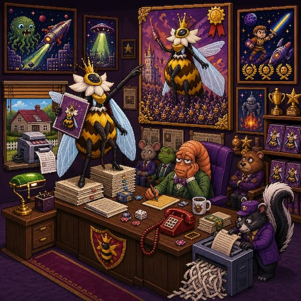 Caustica the queen bee miniboss in a director's chair holding a screenplay titled DeQueened: The Caustica Files
