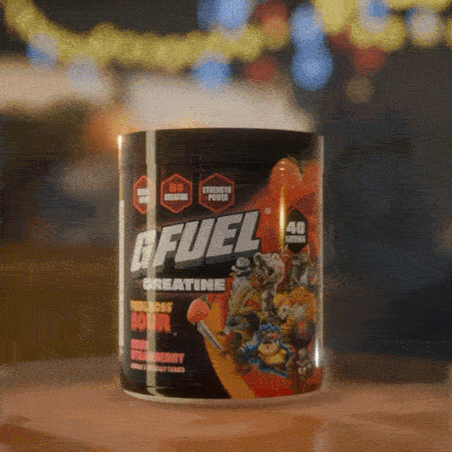 Animated scene of Beester the shredded wildebeest with a tub of Sour Strawberry Creatine