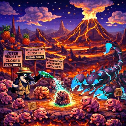 Stingy the scorpion miniboss standing at a voter registration desk outside a volcano on Mount Zingaro, Pineapple Level 1, Gooberland