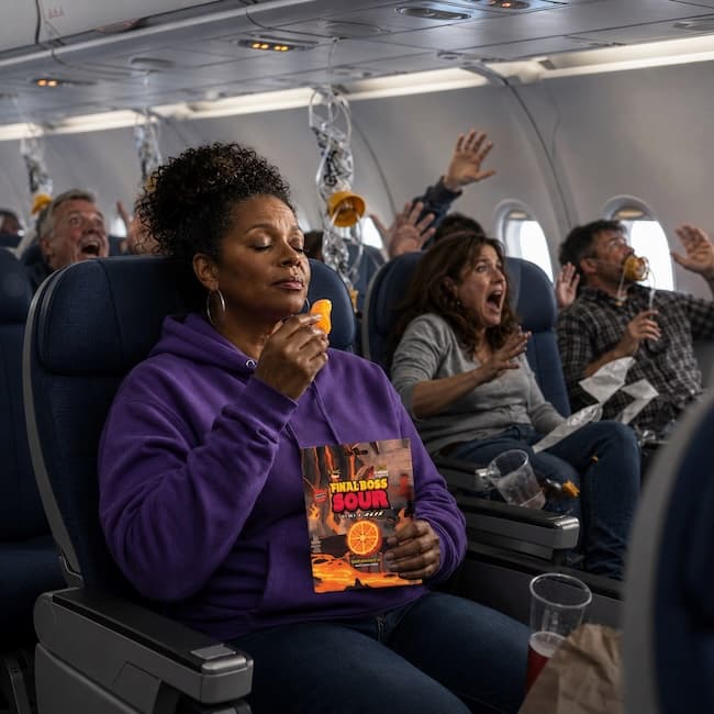 Photorealistic editorial photo: a nervous first-time flyer, Maxine Fillmore, seated in an airplane cabin mid-chaos, calmly eating from an open Final Boss Sour Level-Up Bundle pouch while the cabin erupts around her
