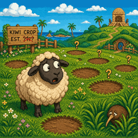 Worried sheep surveys a meadow of empty kiwi-shaped dirt patches in Gooberland