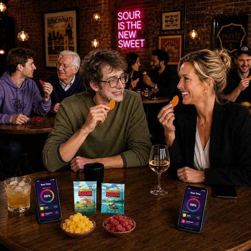 Sour Time dating app couple holding Final Boss Sour bags
