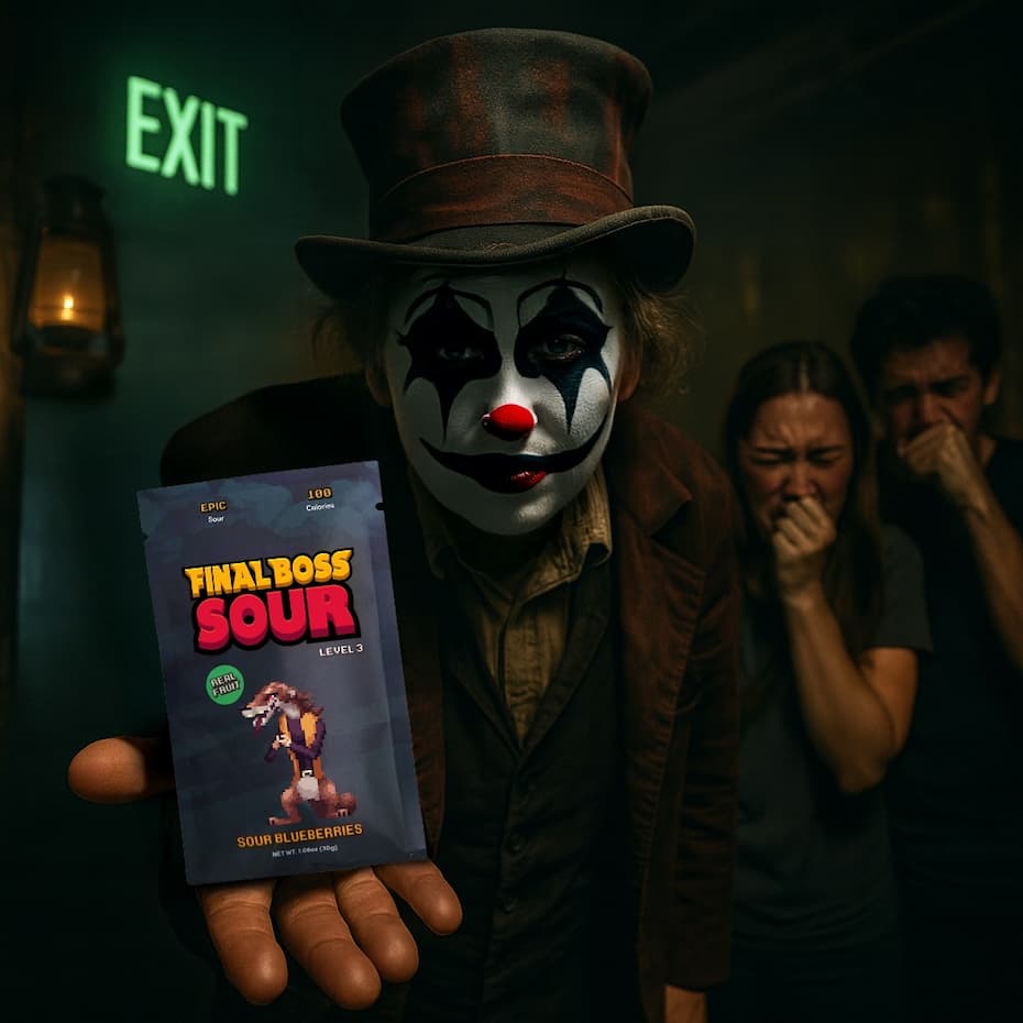 Man dressed as creepy clown holds Final Boss Sour