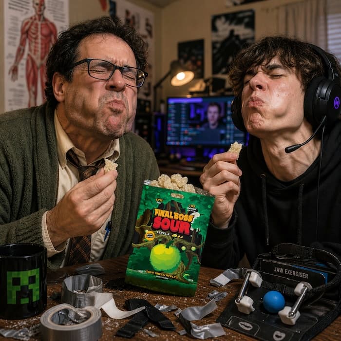 Dennis and Jason Boyd at their kitchen table, each holding a bag of Level 4 Green Apple Final Boss Sour, jaws locked