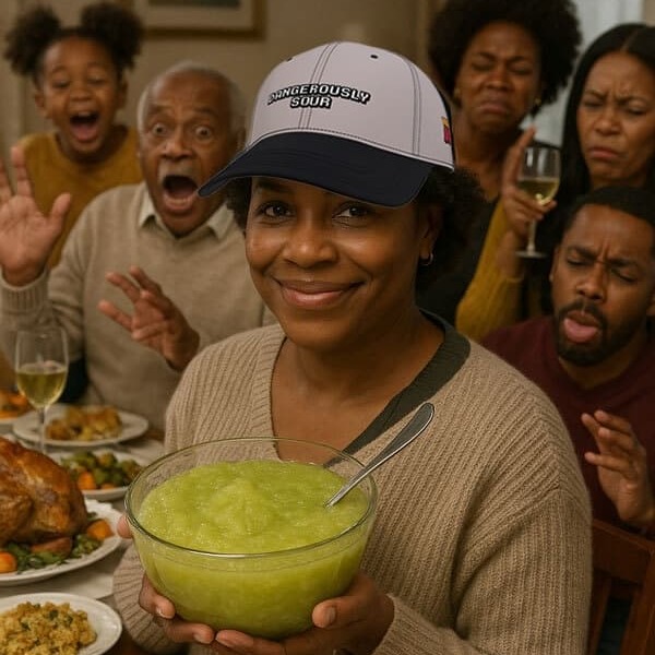 Women smiles proudly while holding bowl of sour applesauce at Thanksgiving table