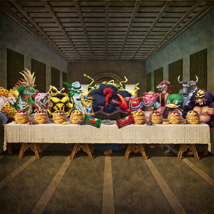The Final Boss presides over the Last Breakfast at the Frumpkin Hills Ramada, surrounded by 12 miniboss disciples and trays of sour fruit pancakes
