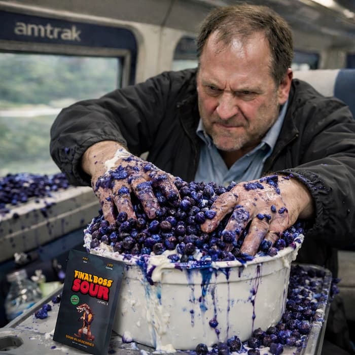 Man covers giant tub of yogurt with sour blueberries