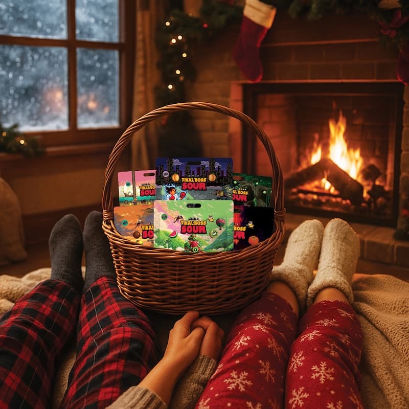 A couple snuggling by a warm fire with the Level-Up Holiday Bundle