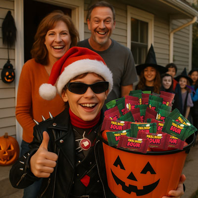 Kids line up outside house giving away Final Boss Sour for Halloween