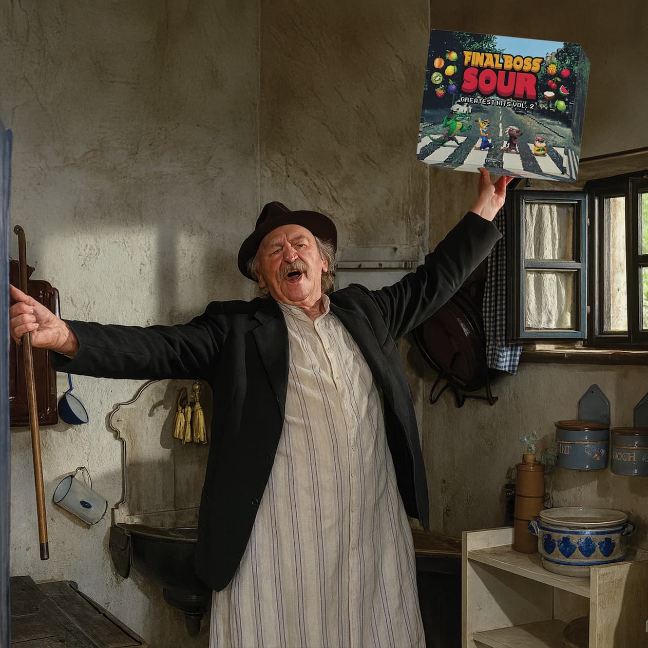 72-year old excitedly singing with Black Friday Greatest Hits box in his hands